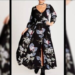 City Chic Button Front Maxi black and Blue Floral Dress